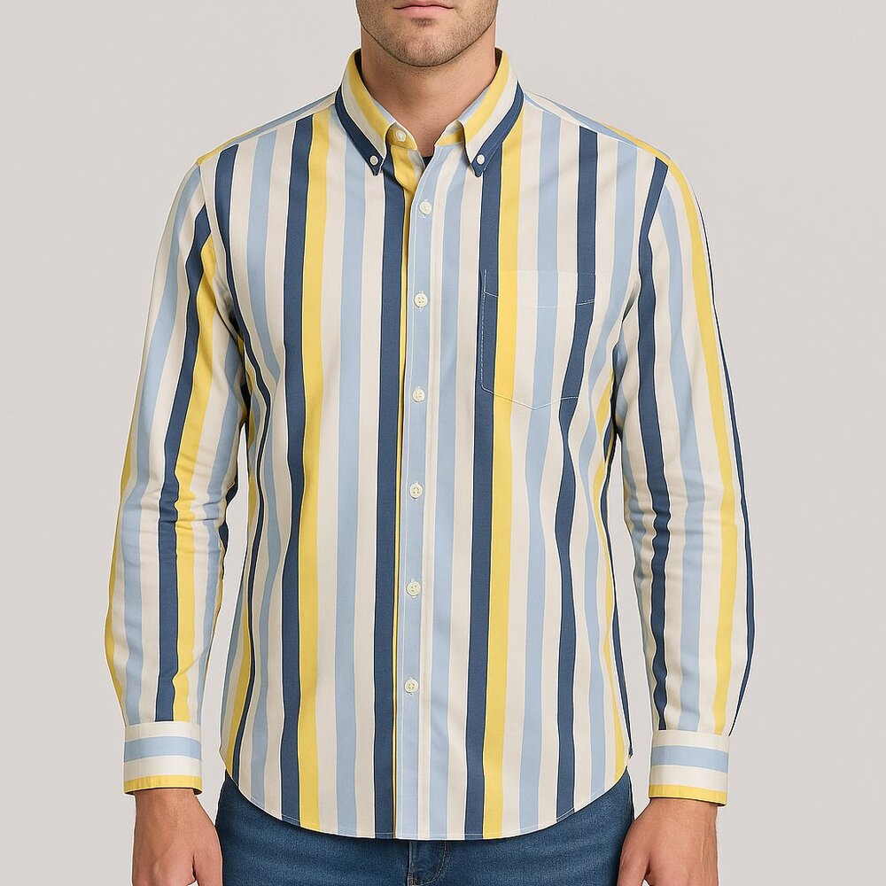 Samuel Windsor Men's Button-Down‎ Shirt XXL Blue Yellow White Stripe 100% Cotton